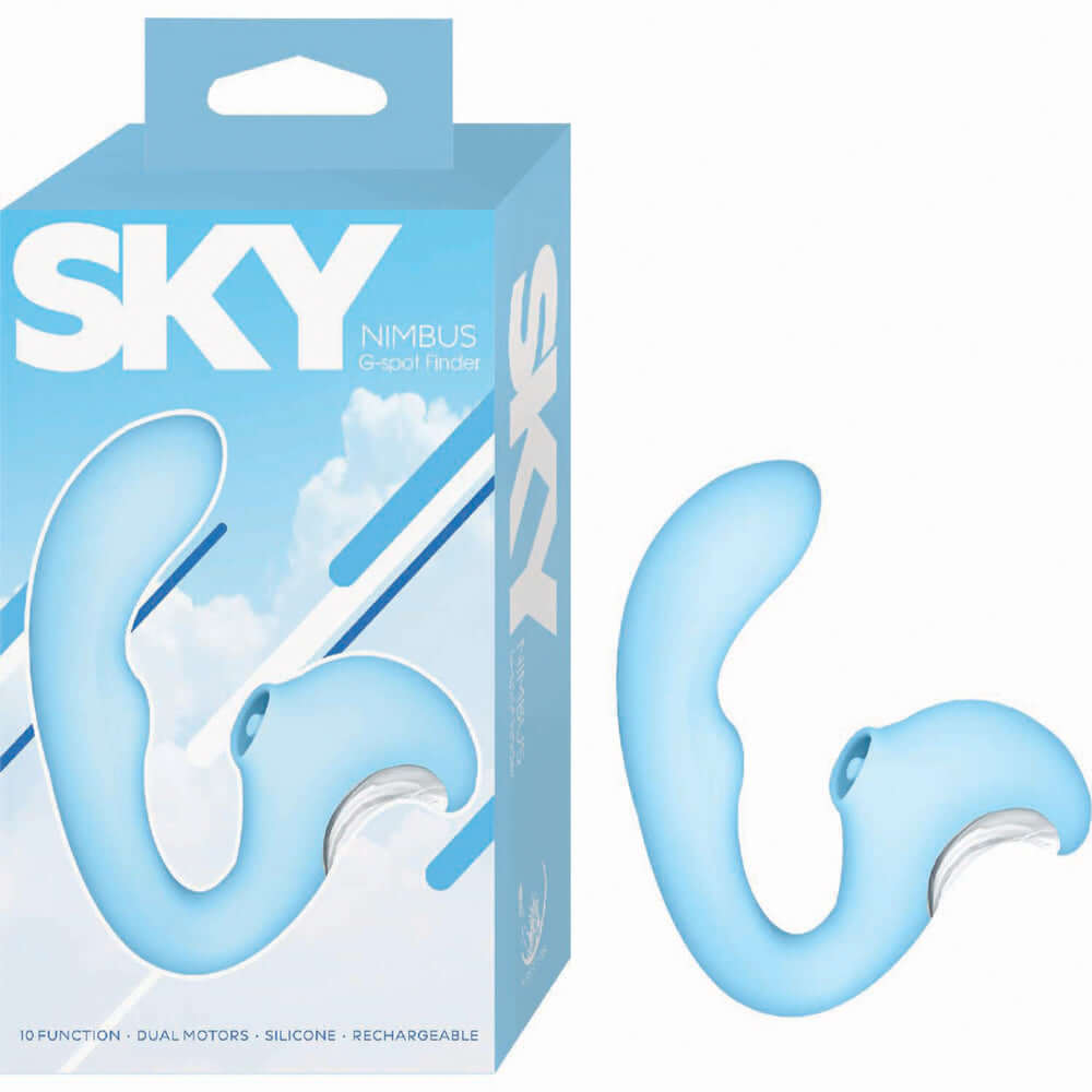 Sky Nimbus G spot Finder Massager Blue packaging and product design, featuring dual motors and silicone material.