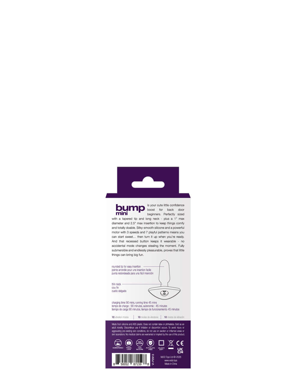 Vedo Bump Mini Rechargeable Anal Plug Purple packaging back view showcasing features and specifications.
