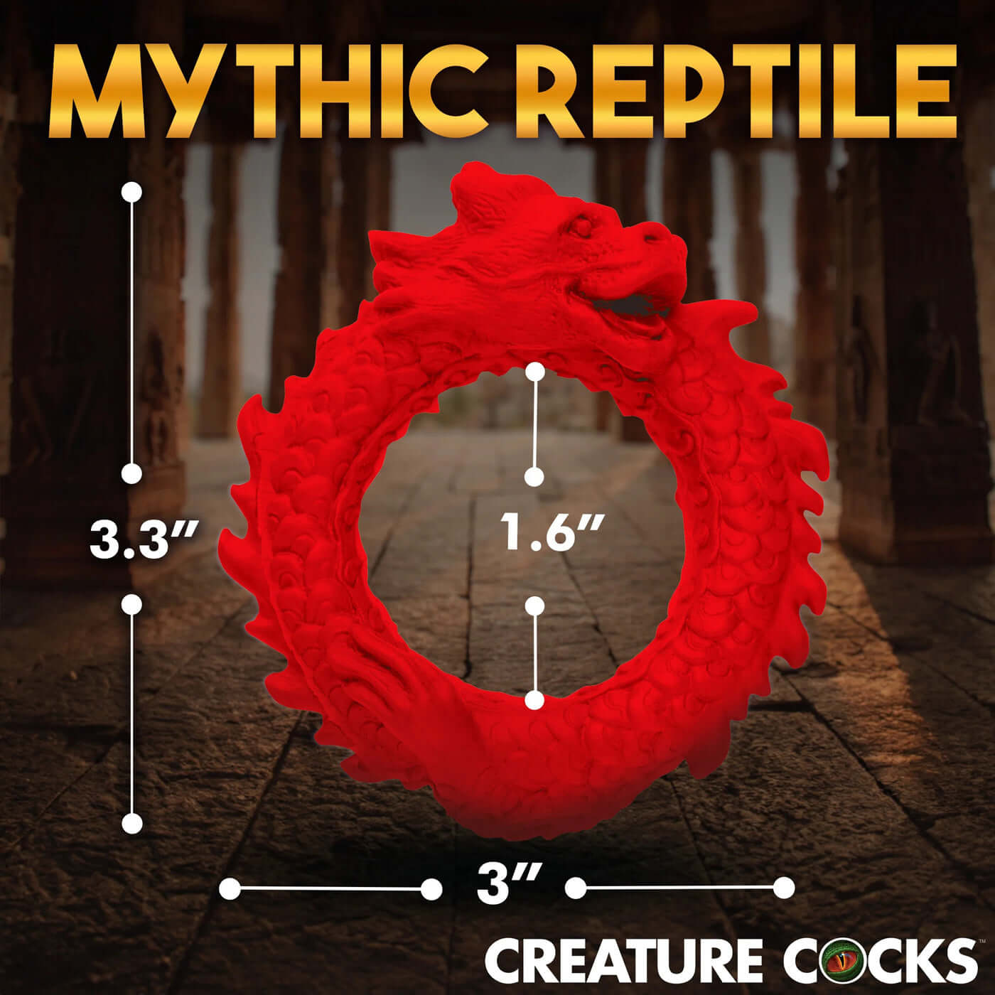 Red Rise of the Dragon Silicone Cock Ring with dimensions 3.3" x 3" x 1.6" on a mythical reptile-themed background.