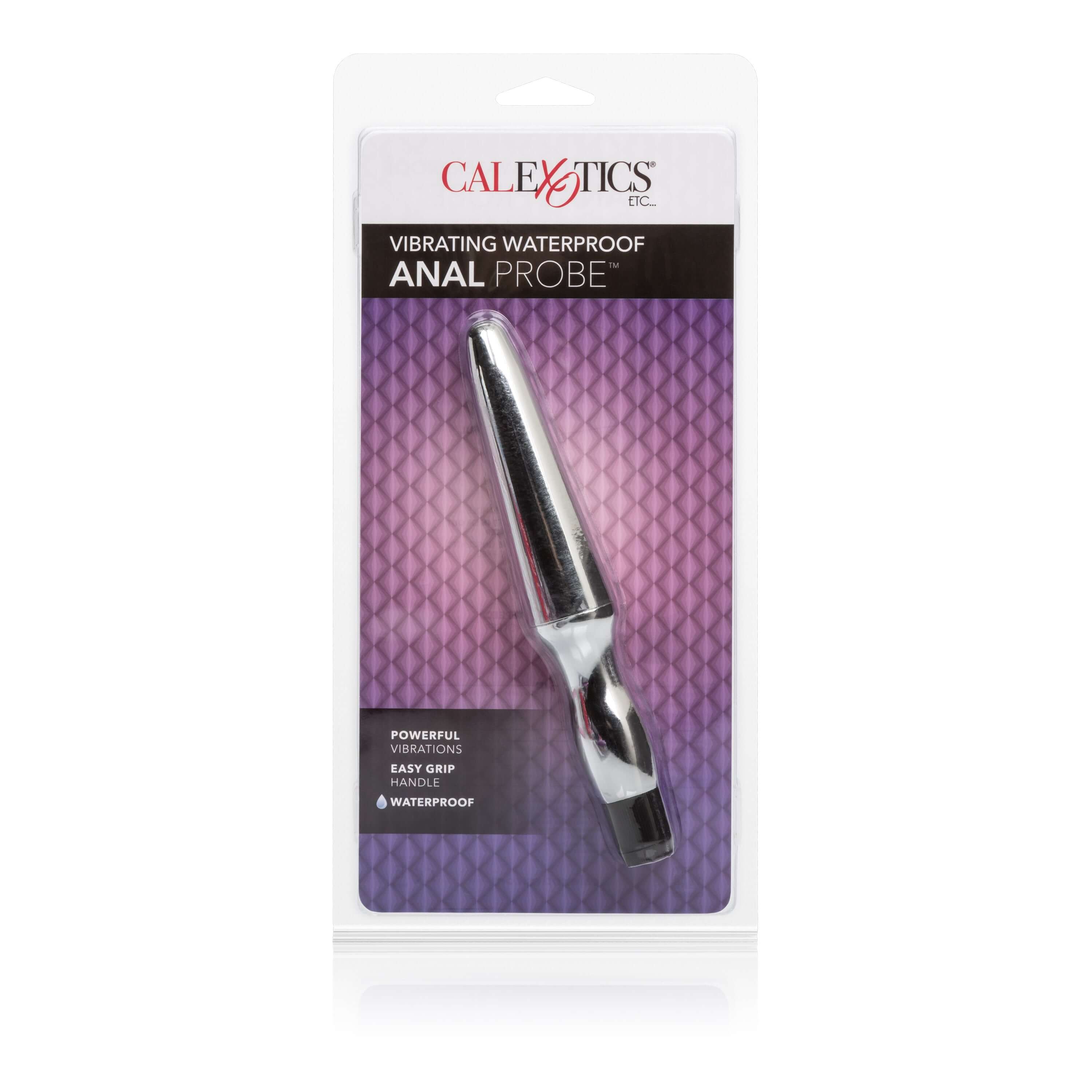 Fujikos Waterproof Anal Probe Silver in packaging, a sleek vibrating waterproof anal probe by California Exotic Novelties.