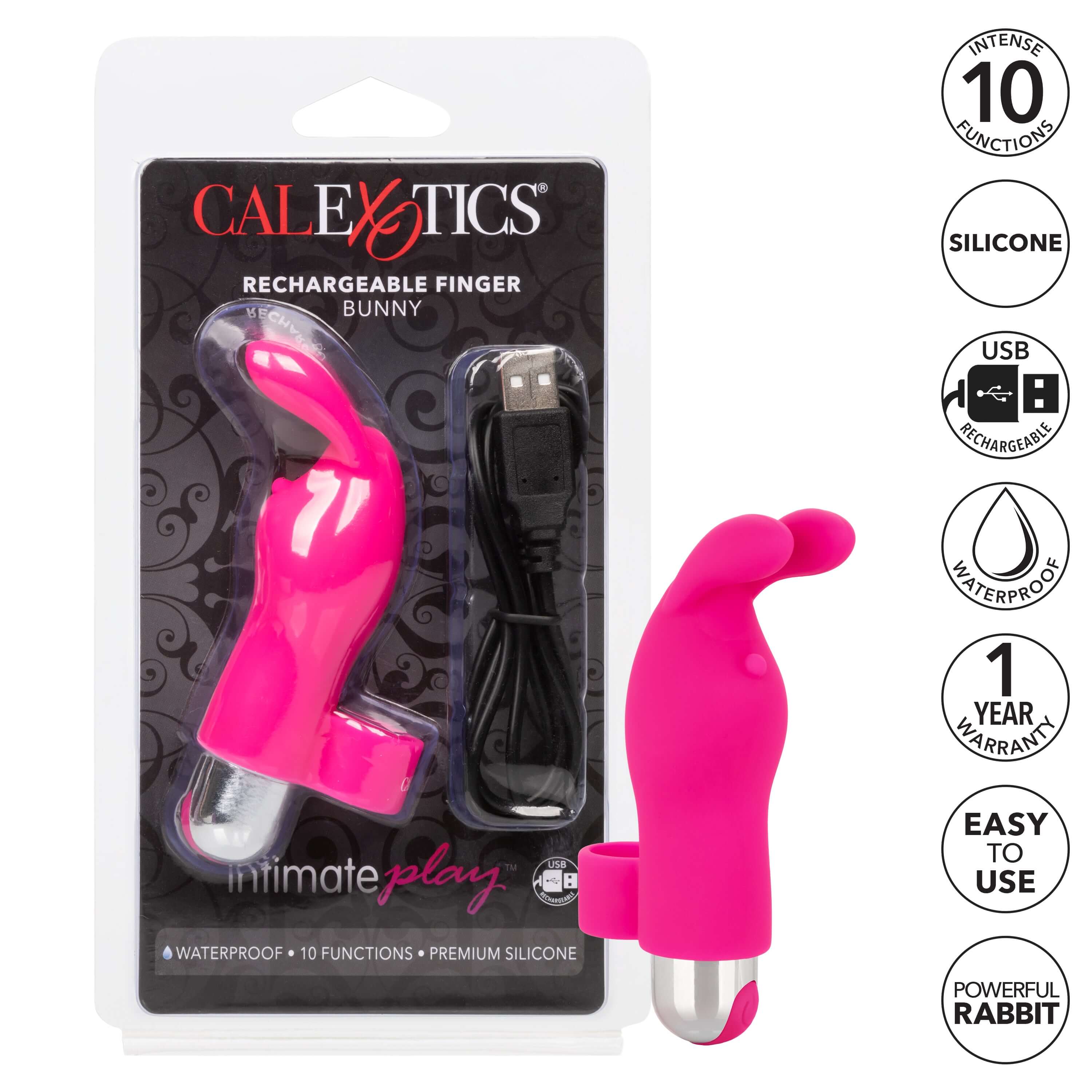 Packaging of Intimate Play Rechargeable Finger Bunny with USB cable, featuring a pink design, waterproof and 10 vibration settings.