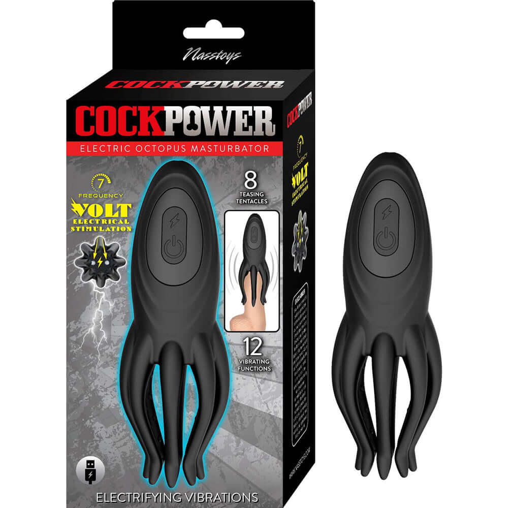 Cockpower Electric Octopus Masturbator Black with packaging showcasing its features and functions.