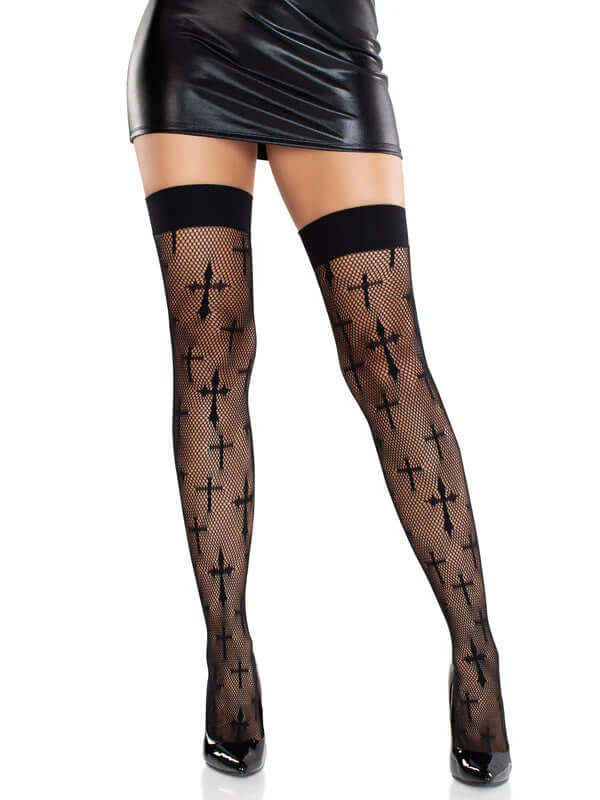 Leg Avenue Worship Me thigh high stockings featuring fishnet design and cross accents, perfect for sexy lingerie looks.