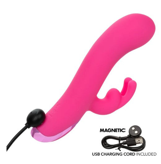 Kroma Turbo G Bunny Vibrator Pink in sleek design with USB charging cord, showcasing dual stimulation features.
