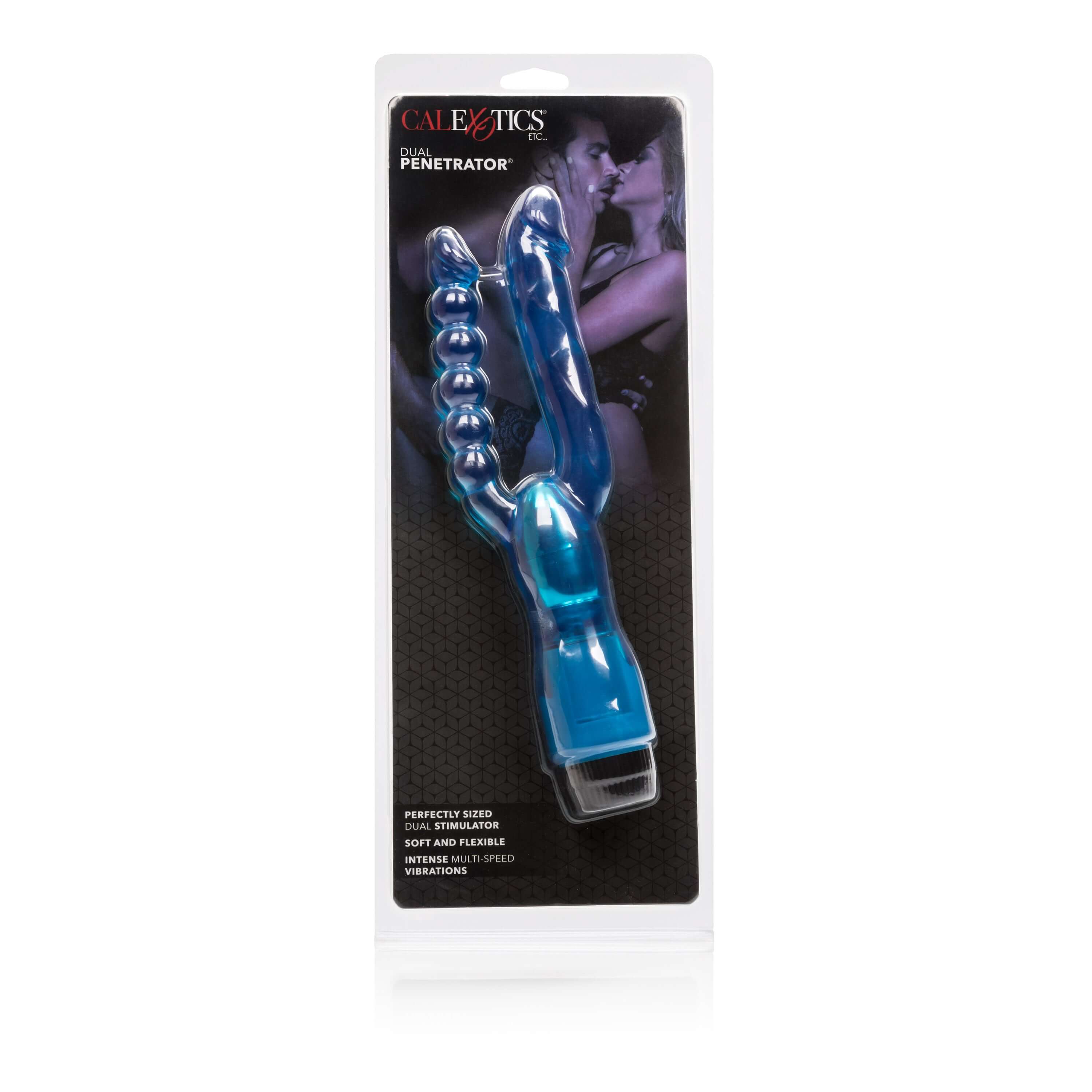 Dual Penetrator Flexible Vibrator Blue in packaging, showcasing its dual action design and flexible anal beads.