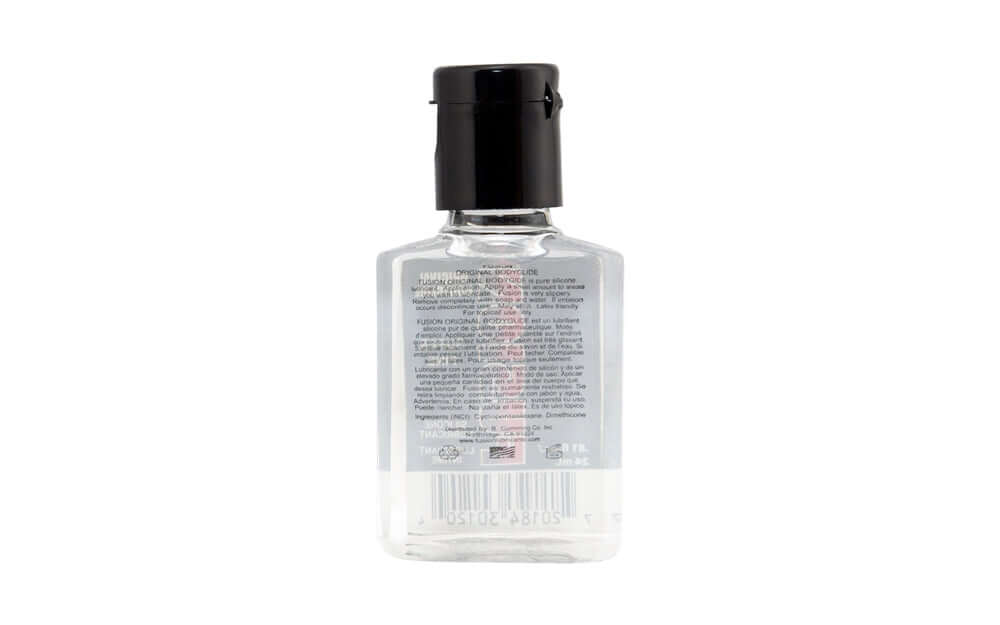 Fusion Original Bodyglide Silicone 24 ml bottle back view with instructions and product information.