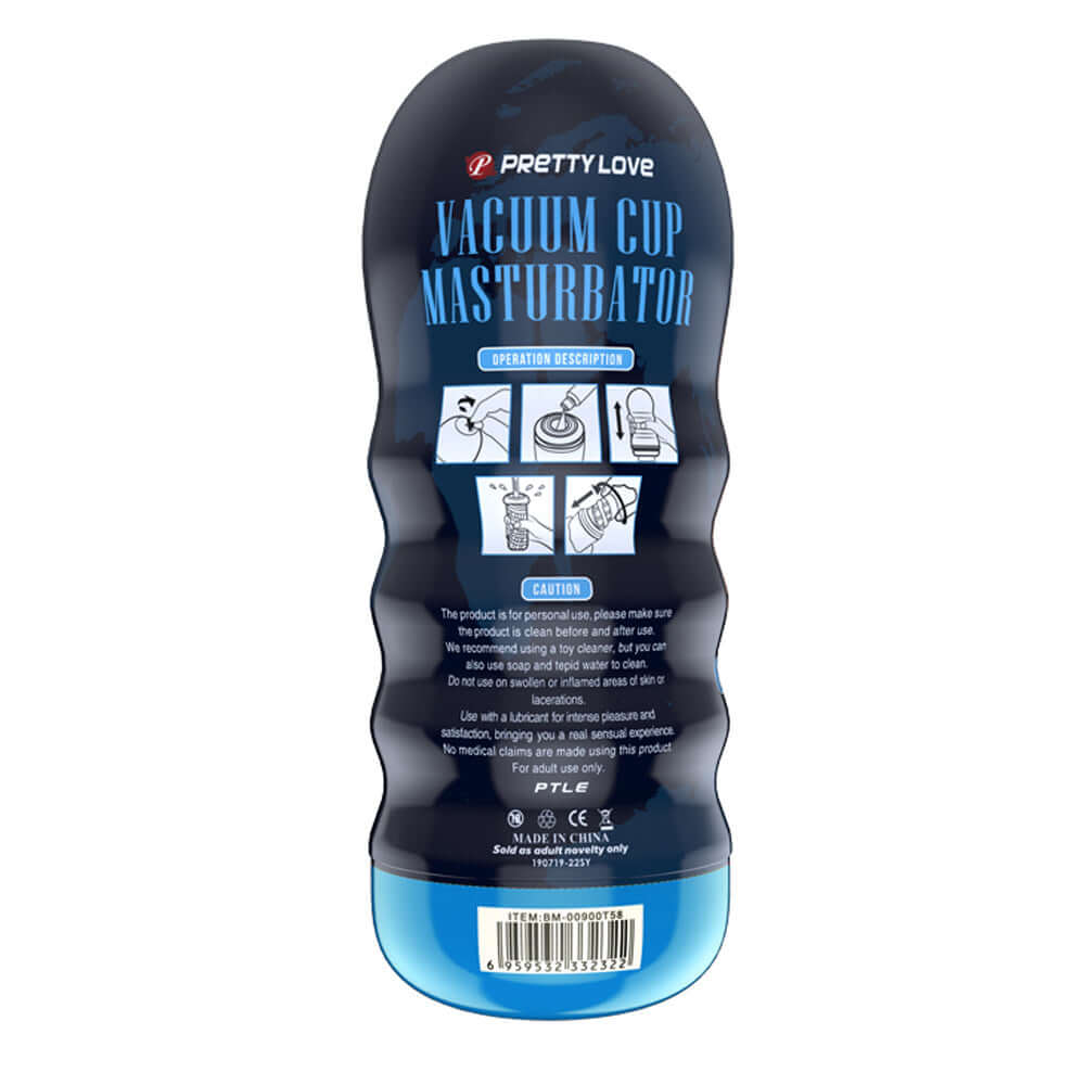 Pretty Love Pocket Anus Stroker vacuum cup masturbator product packaging with operational description and safety caution.