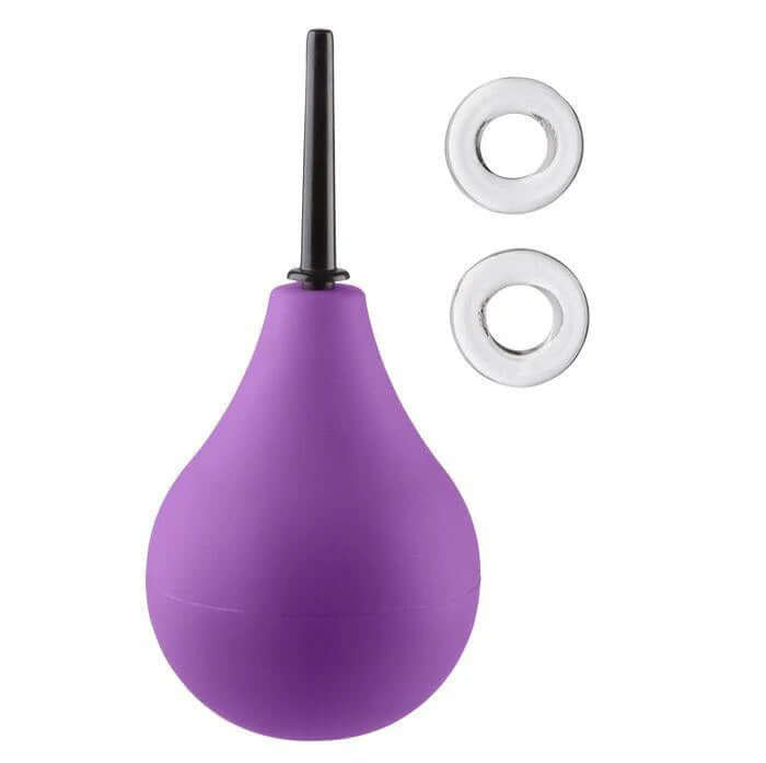 Fresh & Deluxe Anal Soft Tip Enema Douche 7.6 Oz with purple bulb and clear accessories for effective cleansing.