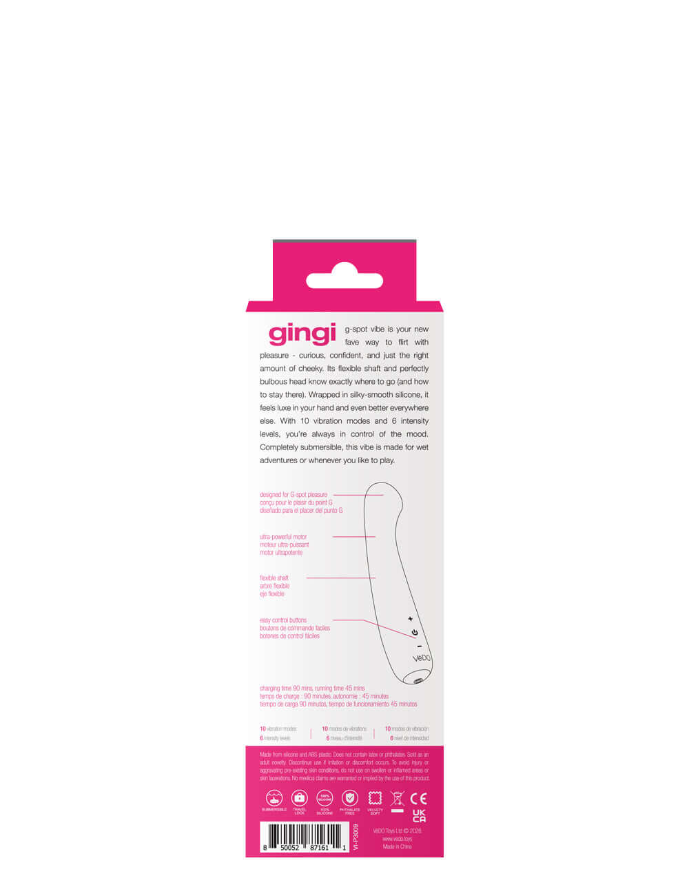 Vedo Gingi Rechargeable G Spot Vibrator Pink packaging back view with product details and instructions.