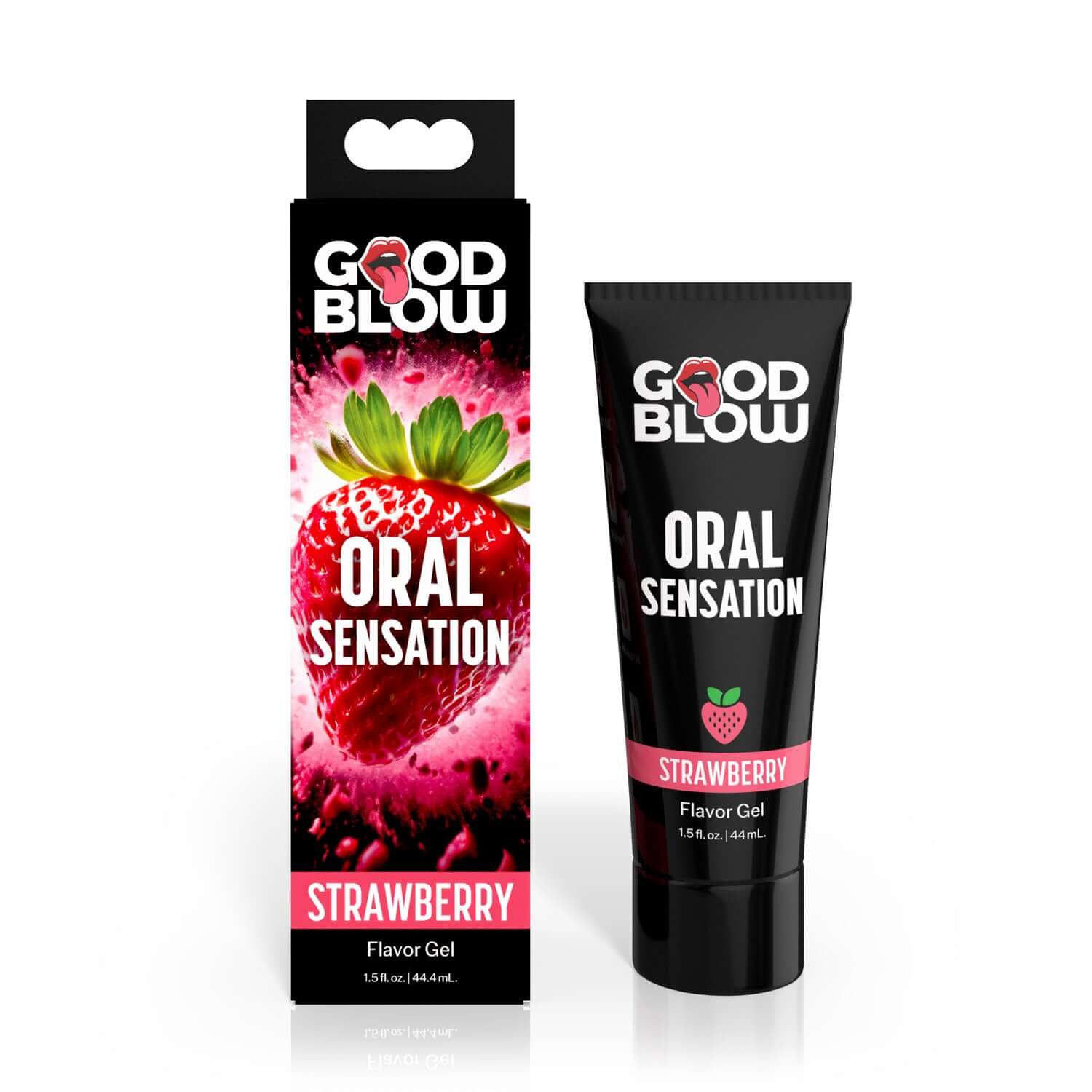 Good Blow Strawberry Oral Sensation Gel packaging and tube, strawberry flavored gel for enhanced oral experience.
