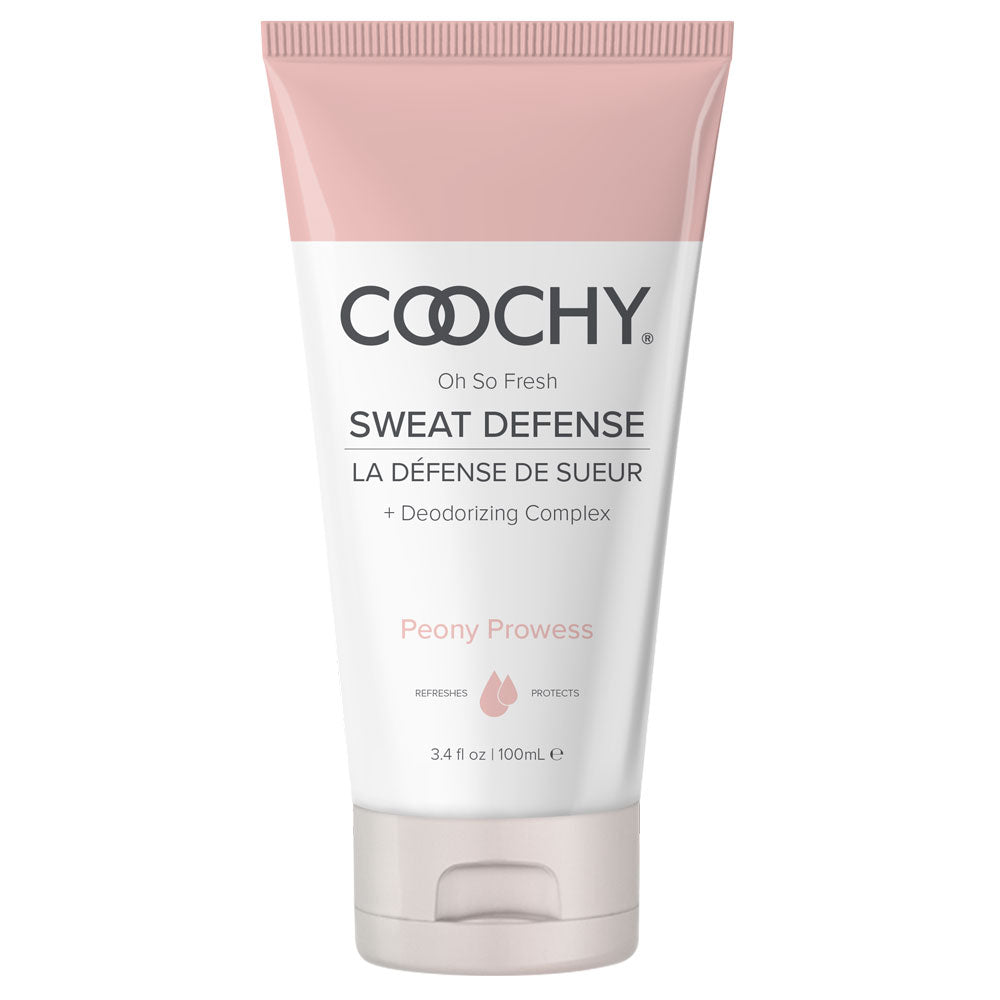 Coochy Sweat Defense Peony Prowess 3.4 Oz protective cream-to-powder lotion for fresh and dry skin.