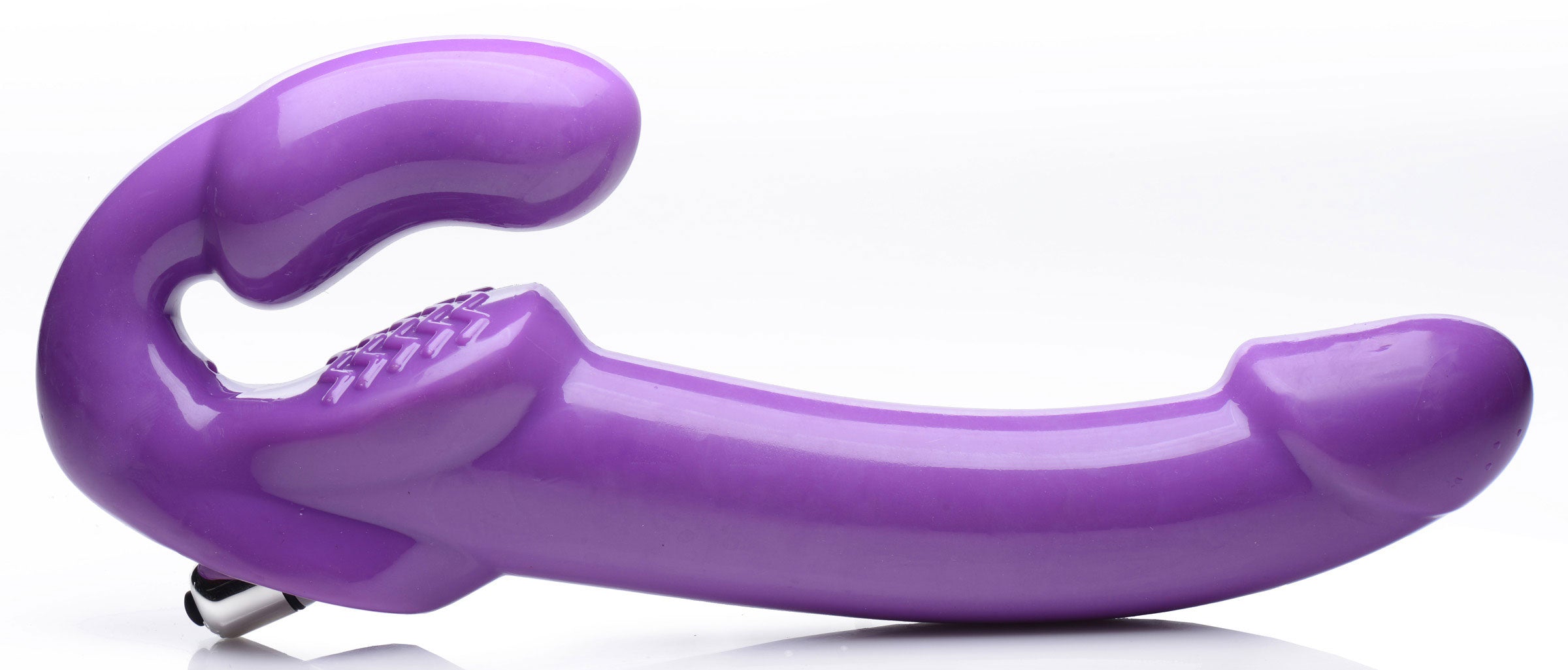 Strap U 7X Revolver Thick Vibrating Strapless Strap-On Dildo Purple showcased on a white background.