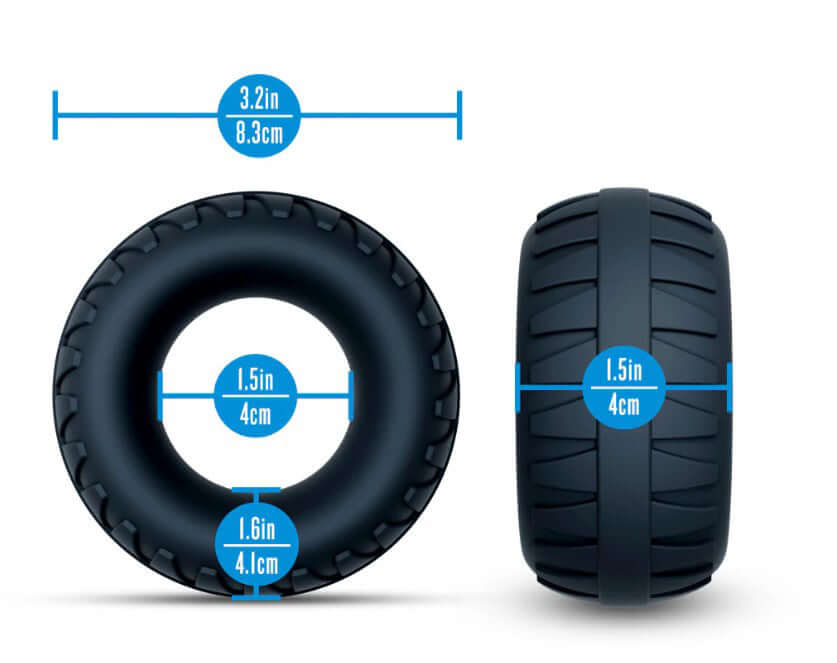Image of a black tire showing dimensions: width 3.2in and 1.5in, height 4.1cm and 4cm in detail.