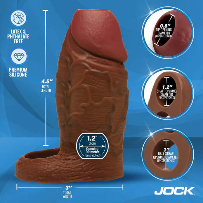 Jock Silicone Penis Extension Sleeve Dark with detailed measurements, designed for enhanced pleasure and comfort during intimate play.