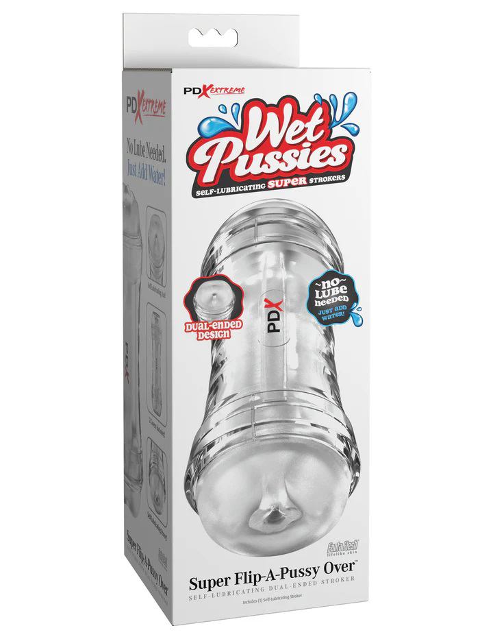 Wet Pussies Super Flip a Pussy Over Self-Lubricating Stroker packaging showcasing dual-ended design for enhanced pleasure.