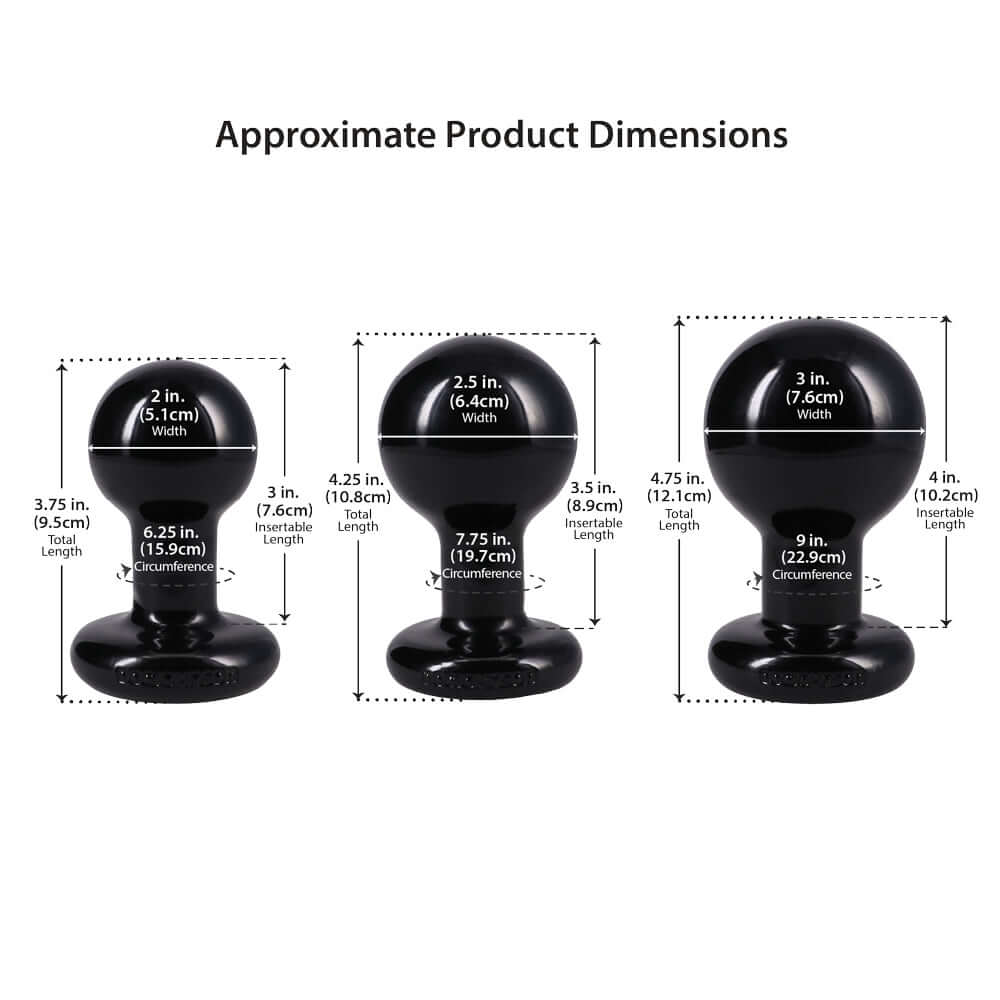 Classic Round Butt Plug Set 3 Piece Black dimensions illustration showing approximate sizes and measurements of each plug.