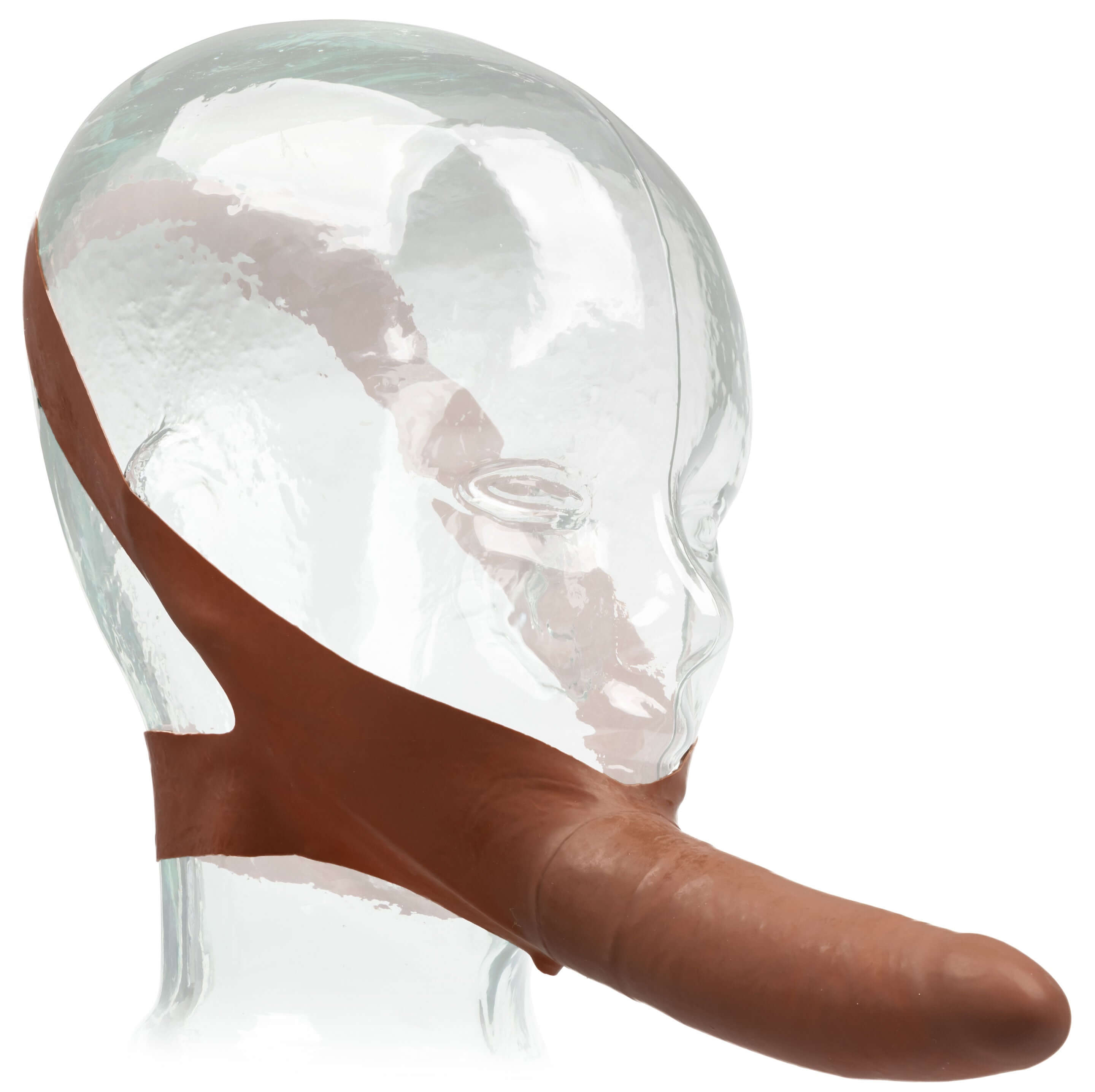 The Original Accommodator Latex Dong Brown displayed on a mannequin head for hands-free pleasure.