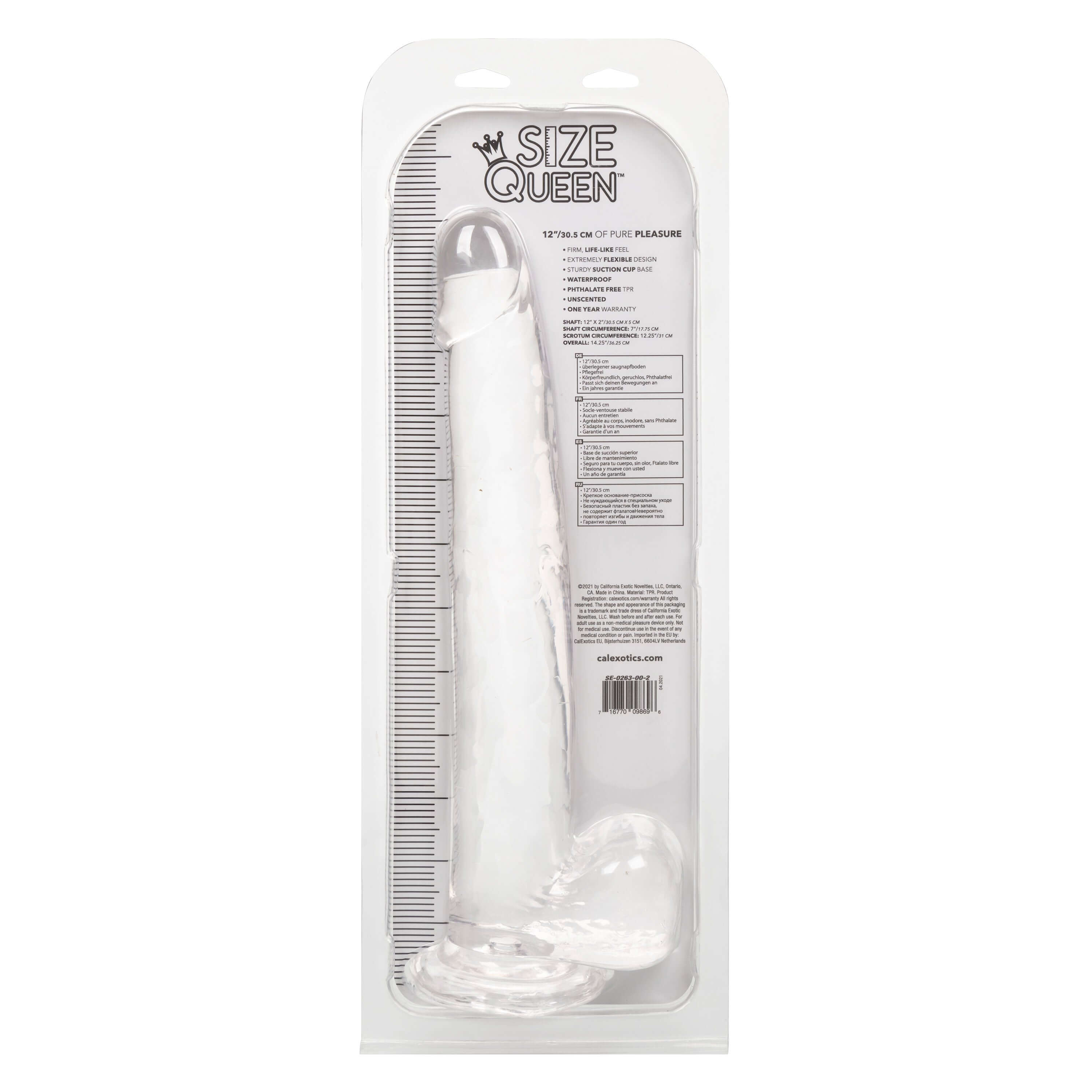 Size Queen 12 inch Large Dildo Clear packaging showcasing its impressive size and design.