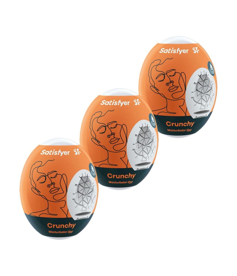 Satisfyer Crunchy Masturbator Egg 3 Pack Orange showcasing three egg-shaped masturbators for discreet stimulation.