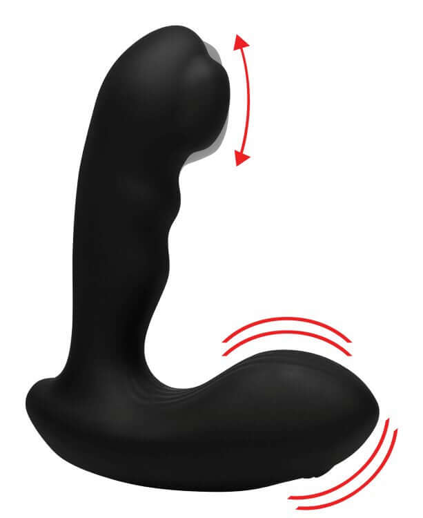 7x P-Milker Silicone Prostate Stimulator With Milking Bead in black, showing motion and vibration features.