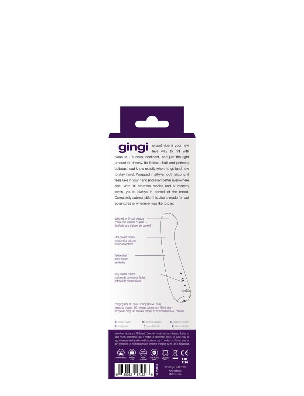 Gingi Rechargeable G Spot Vibrator Purple packaging with product details and instructions.