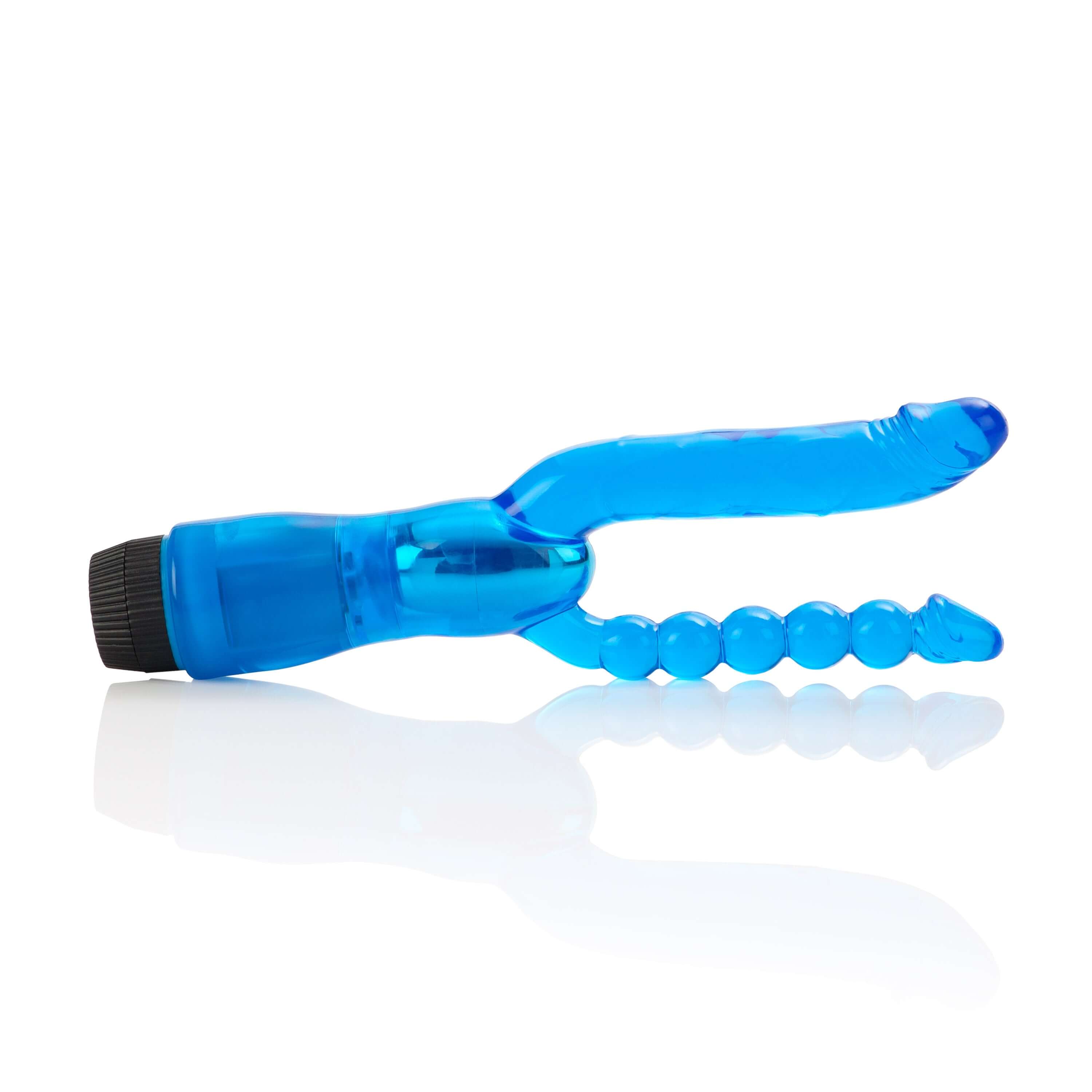 Dual Penetrator Flexible Vibrator Blue with dual action design and flexible anal beads for pleasure.