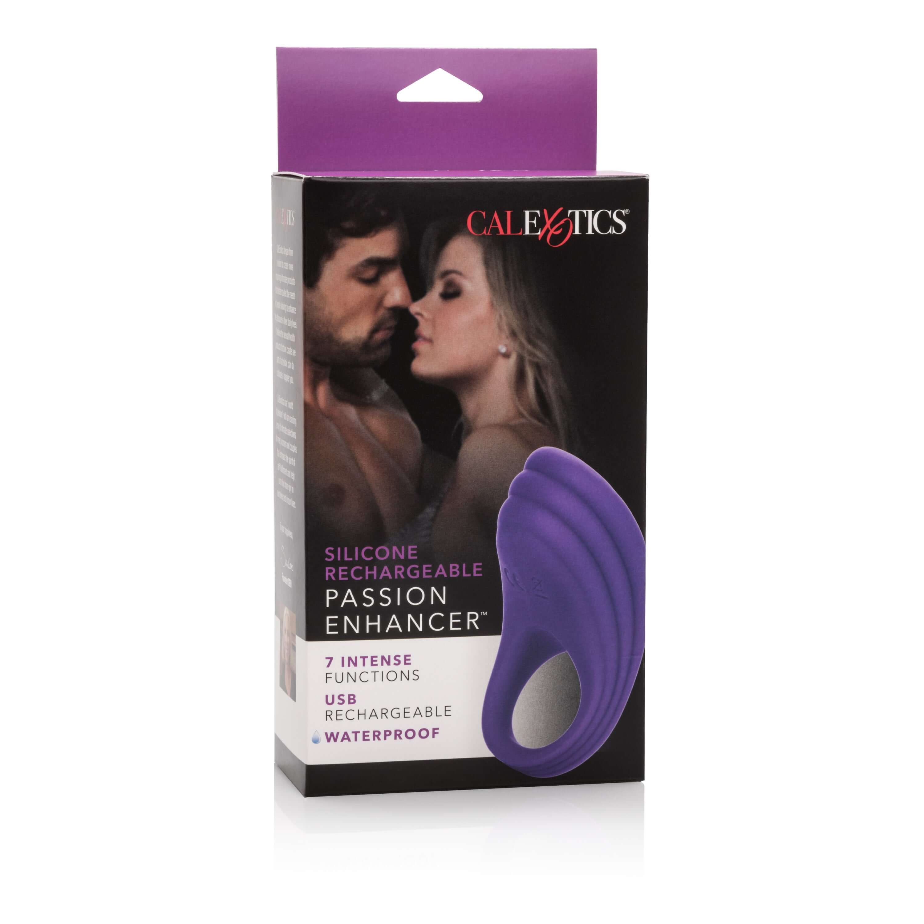 Silicone Rechargeable Passion Enhancer Purple packaging showcasing couples and product features like waterproof and USB rechargeable.
