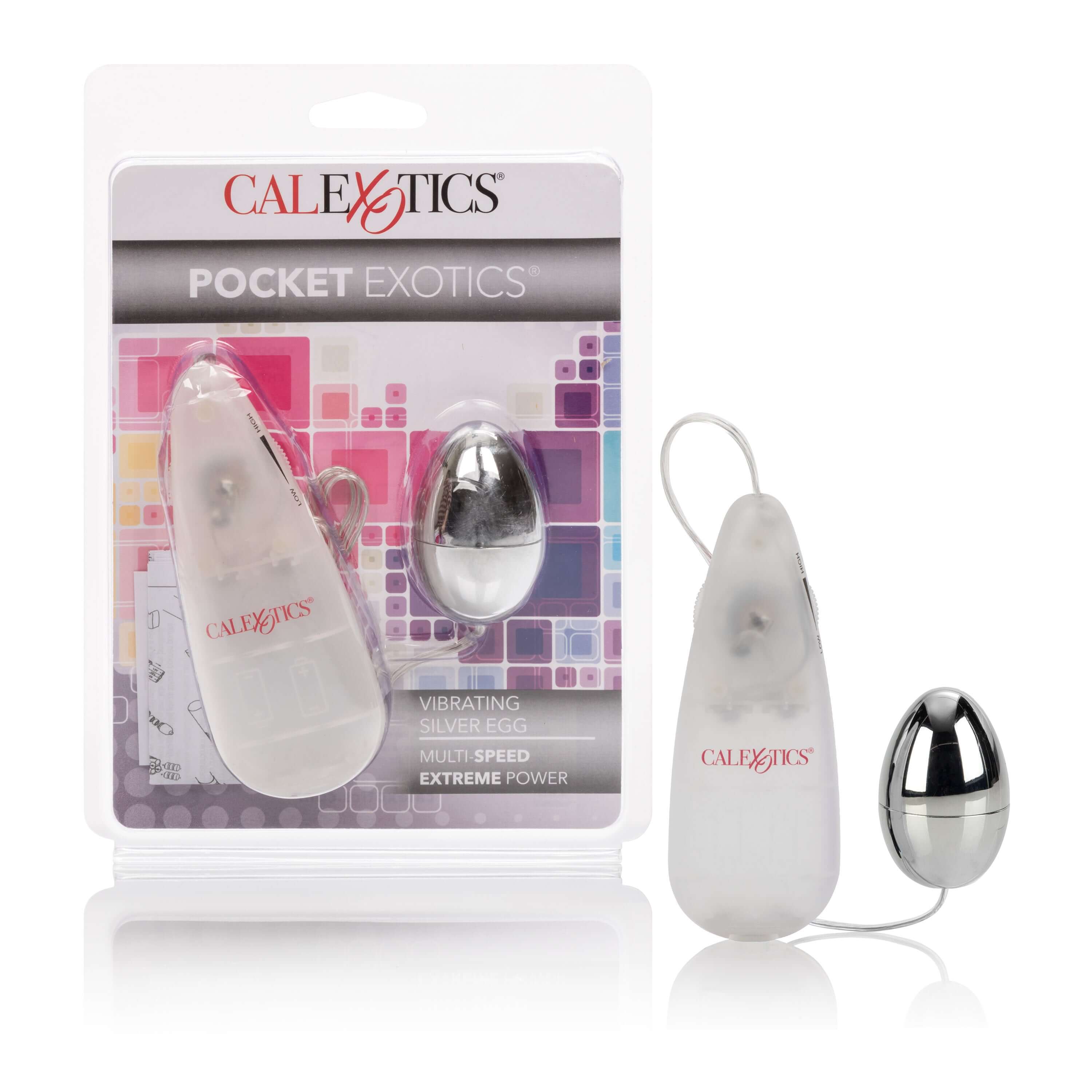 Pocket Exotics Vibrating Egg Vibrator Silver packaging and product showcasing the compact design and features.