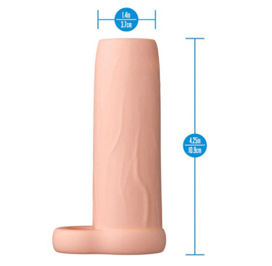 Performance 4.25 Inch Enhancement Penis Sleeve Beige with dimensions, showing ribbed texture and ball strap design.