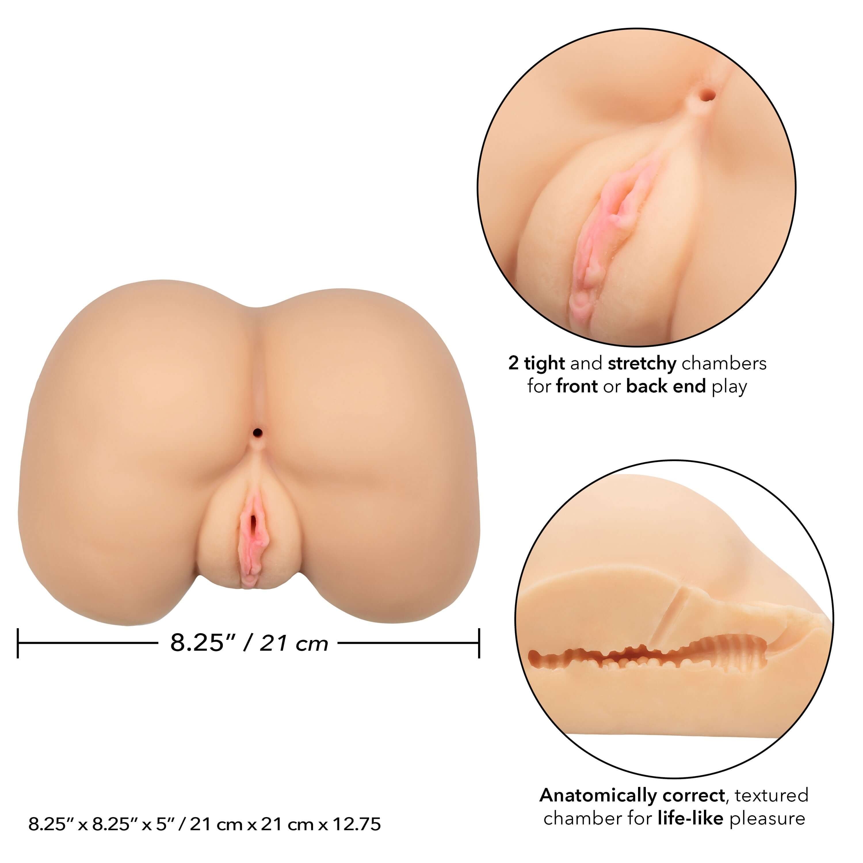 Stroke It Life-Size Ass Masturbator Ivory with two chambers for front and back end play, showcasing lifelike texture.