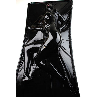 Kink Industries Extreme Black Latex Vacuum Bed with two figures in latex, illustrating total-body immobilization in bondage.