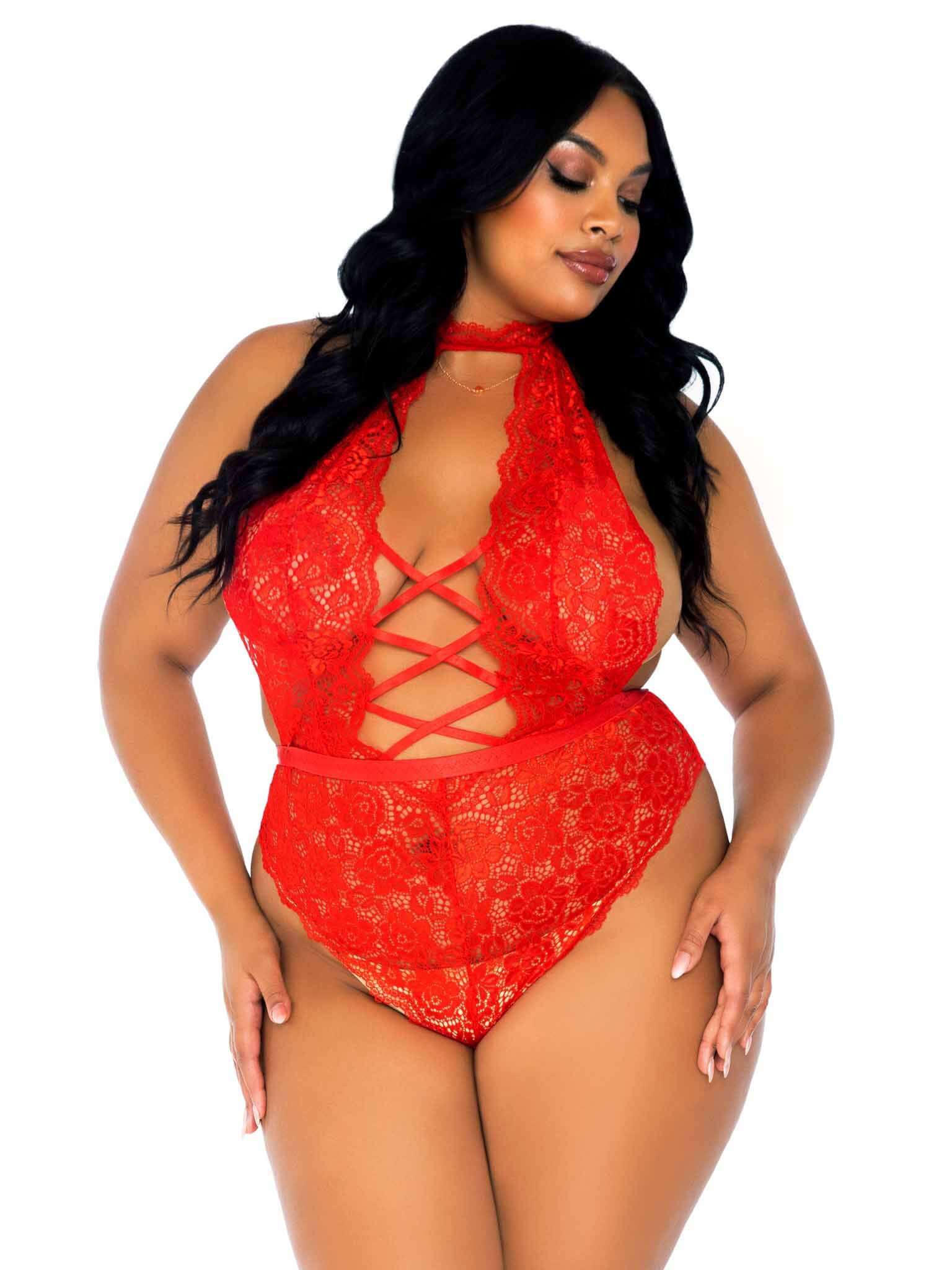 Floral Lace Crotchless Teddy - 1x/2x - Red-4