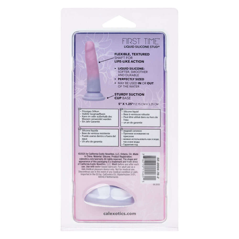 First Time Liquid Silicone Stud Dildo 5 inch packaging with flexible textured design and suction cup base.