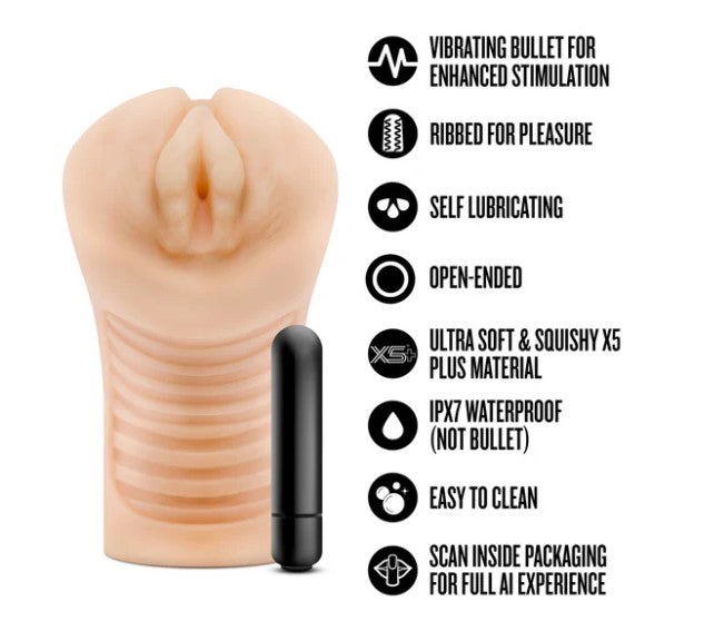 Enlust Georgia Male Masturbator With Bullet Vibrator Beige showcases a textured design with vibrating bullet and ribbed interior for stimulation.