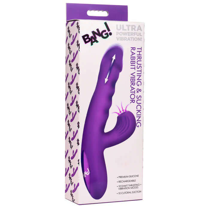 Bang Thrusting and Sucking Rabbit Vibrator Purple packaging showcasing premium silicone design and powerful suction features.