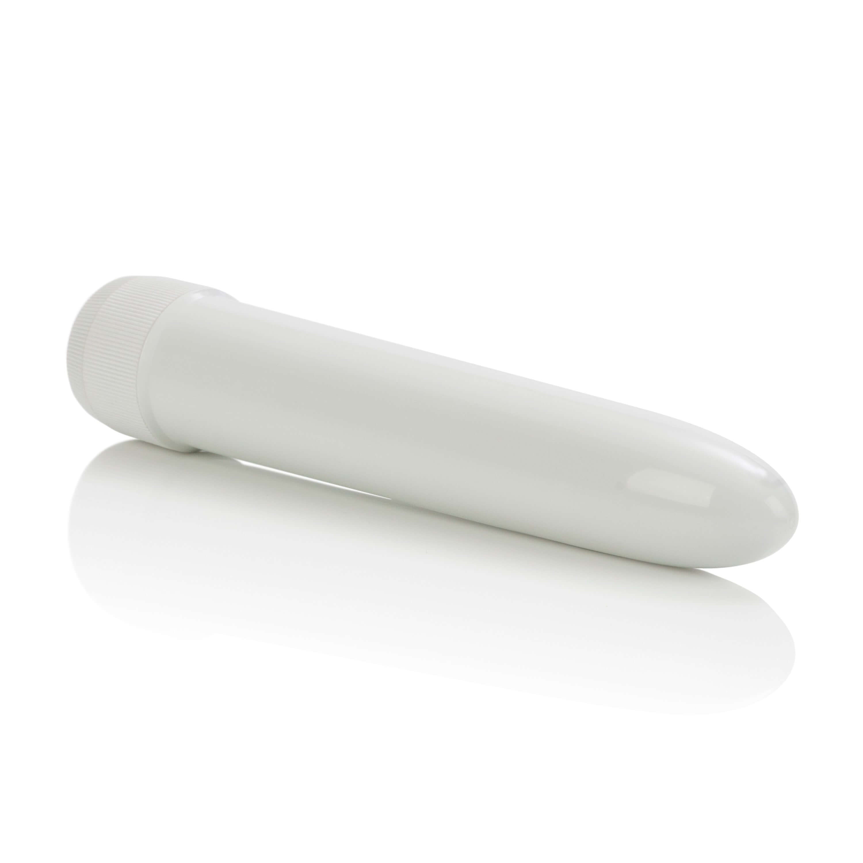 Classic Slender Power Plus Vibrator White on a reflective surface, showcasing its sleek design and powerful stimulation.