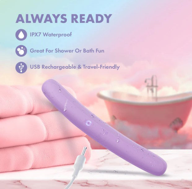 Play With Me Silicone Double Ended Vibrator Purple on a soft background, showcasing its waterproof features and USB charging.