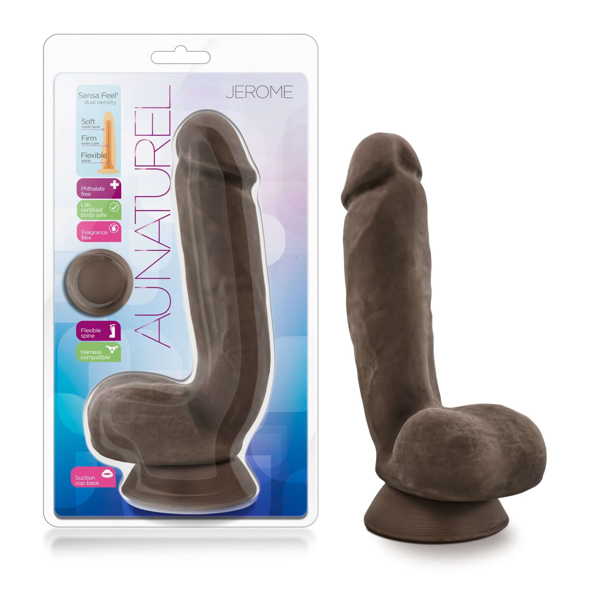Au Naturel Jerome Brown Dildo with Sensa Feel and FlexiShaft technology in packaging and standing upright