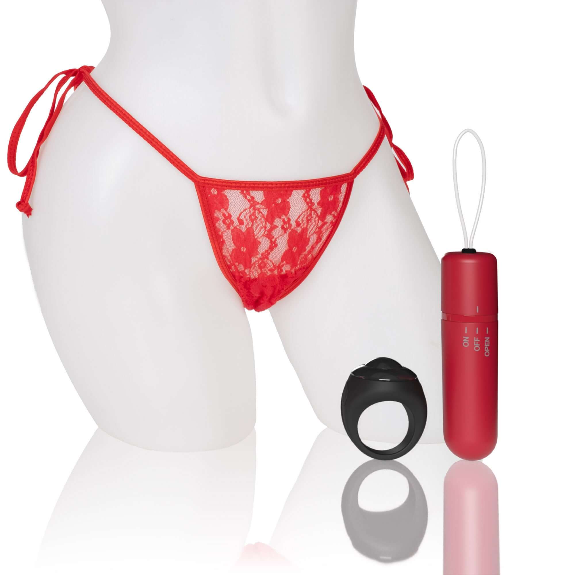 Screaming O 4T Vibrating Panty With Remote Control Ring Red displayed alongside a vibrating bullet for enhanced pleasure.