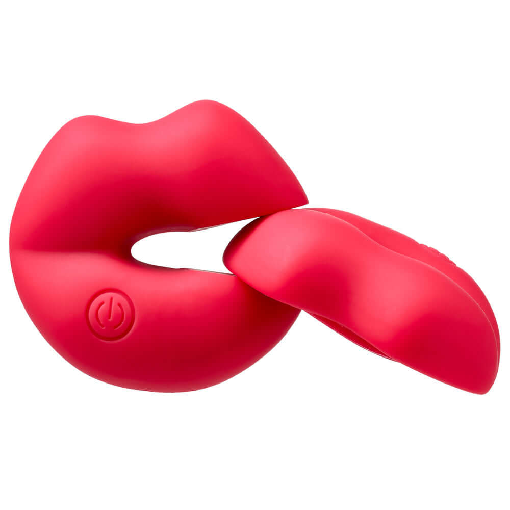 Naughty Lips Vibrating Nipple Clamps in a playful red lip design for adjustable stimulation.