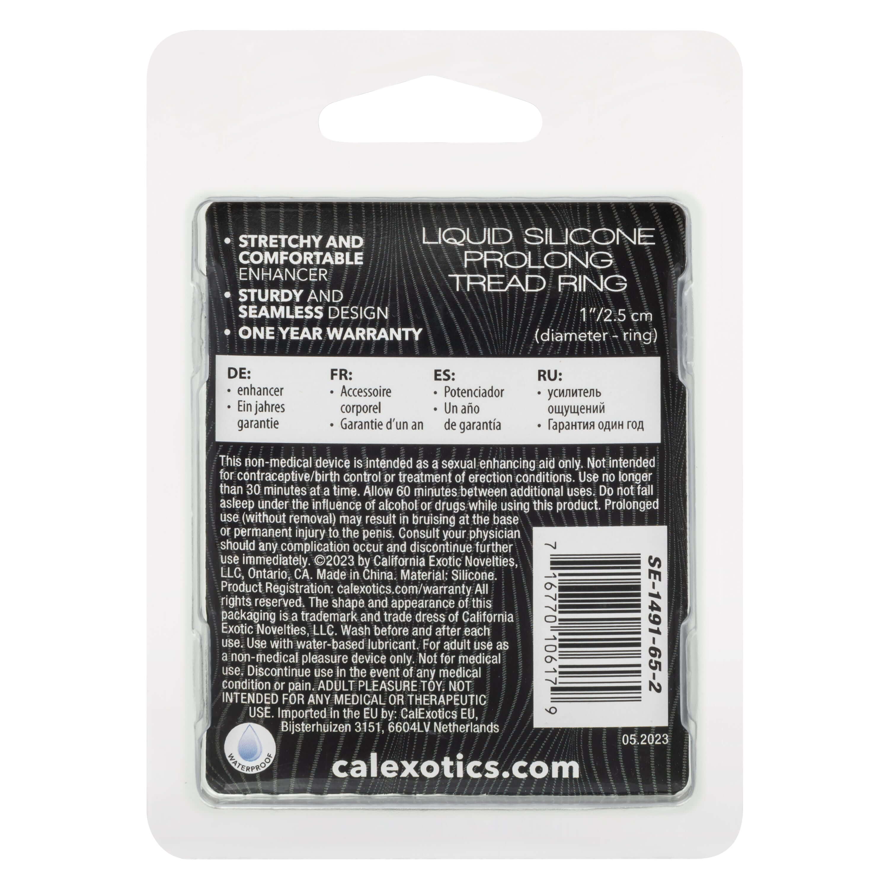 Black Alpha Liquid Silicone Prolong Tread Ring packaging highlighting features and warranty details.