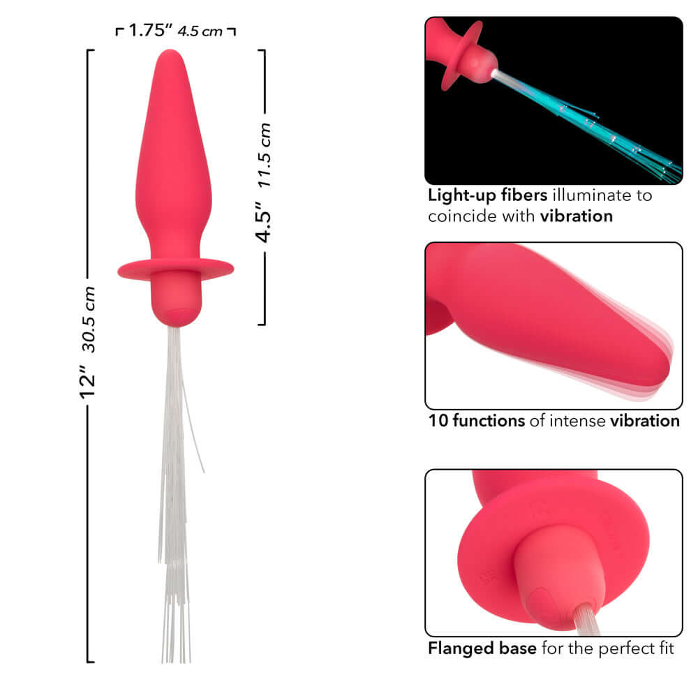 Pink Southern Lights Vibrating Light Up Anal Probe with dimensions, light-up fibers, 10 vibration functions, and flanged base.