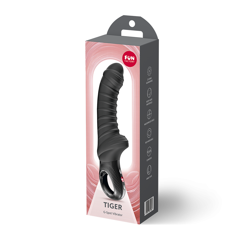 Fun Factory Tiger G-Spot Vibrator Black in packaging, showcasing its flexible design and powerful features.