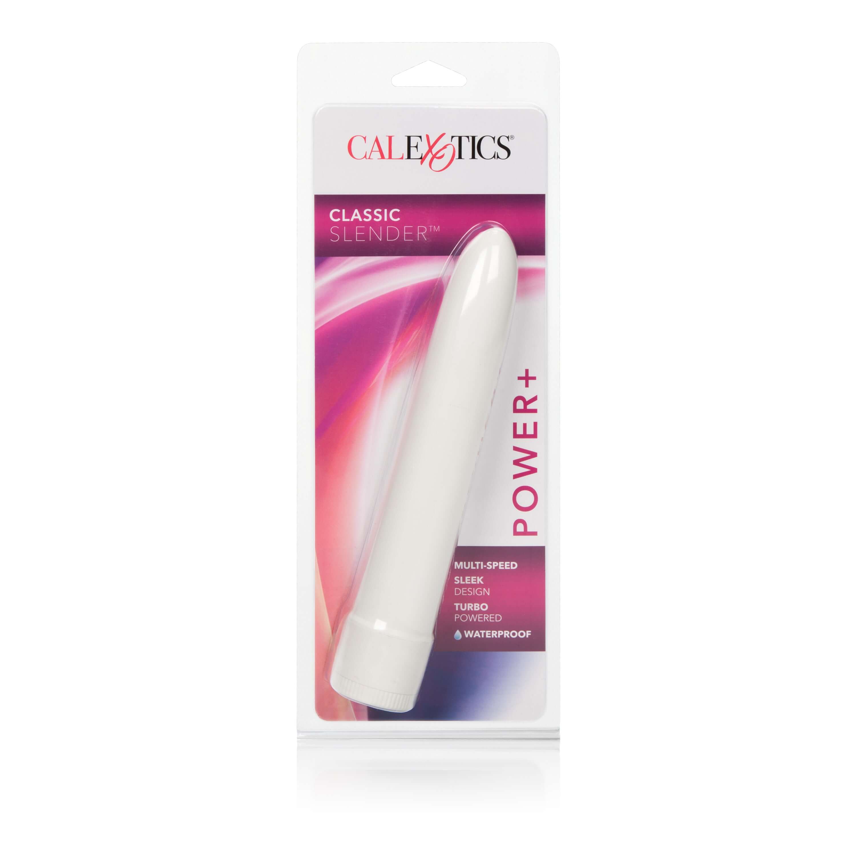 Classic Slender Power Plus Vibrator White packaging showcasing its sleek design and multi-speed functionality.