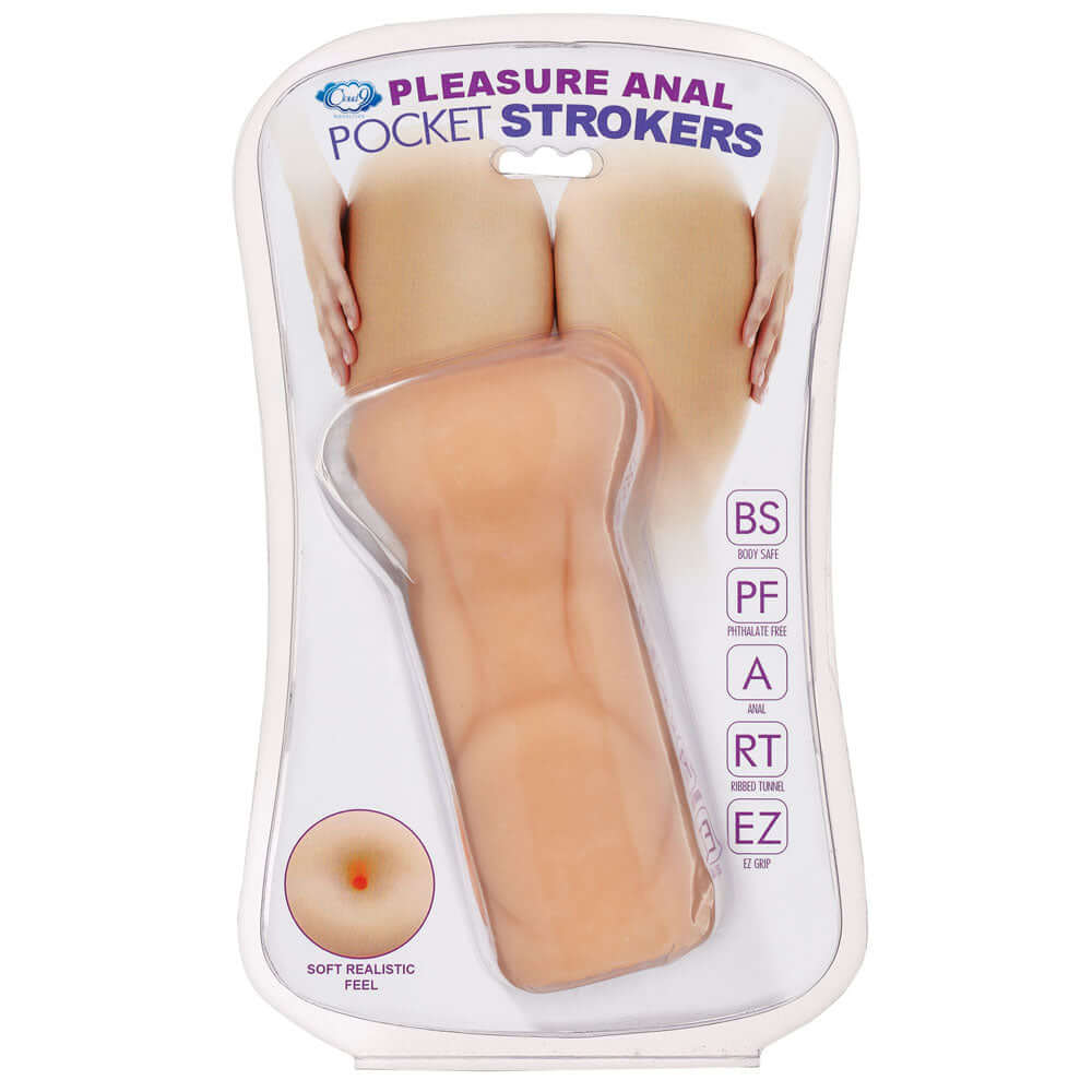 Anal Pocket Stroker Stroker Flesh in packaging showcasing its realistic design and features for enhanced pleasure.