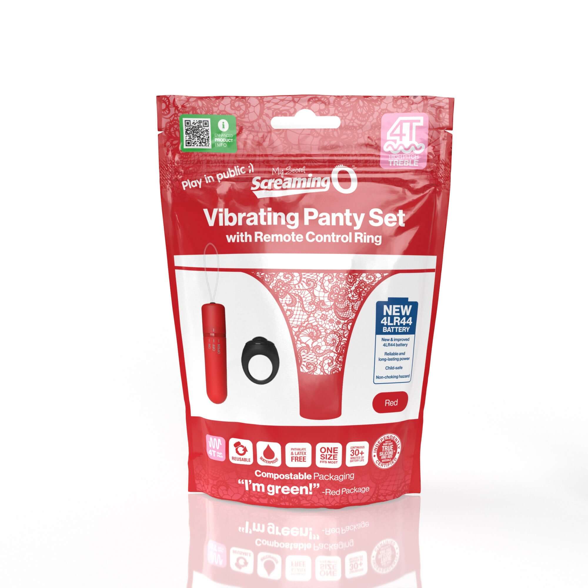 Screaming O 4T Vibrating Panty With Remote Control Ring Red packaging featuring vibrating panty and remote control.