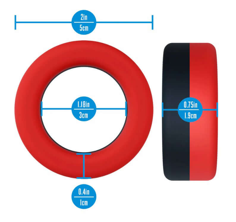 Performance Plus Takeoff Silicone Cock Ring Red Black dimensions diagram showing measurements.