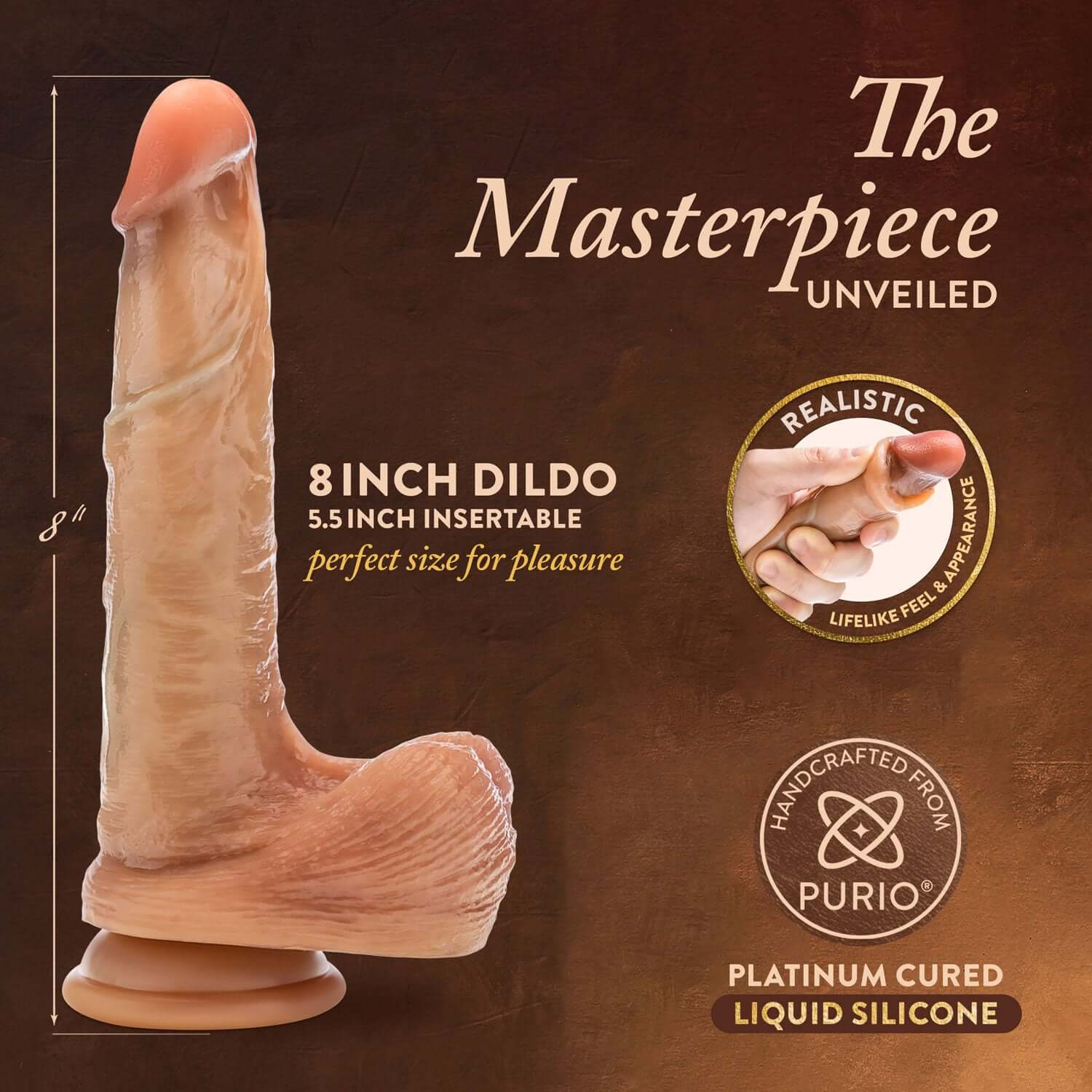 Renaissance DaVinci 8 Inch Sliding Foreskin Dildo with Squeezable Balls - Realistic Tan Dildo with Platinum Cured Liquid Silicone