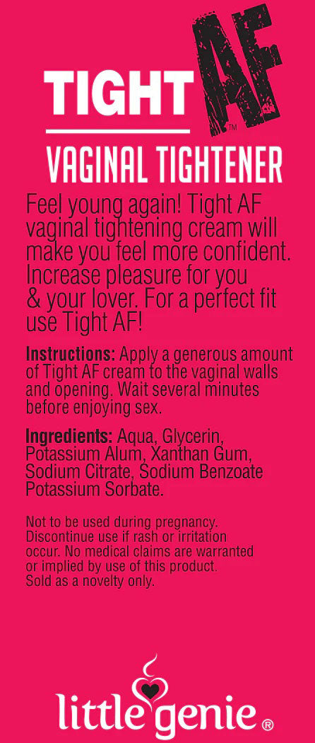 Tight AF Tightener Cream 10 ml Display of 65 product information and usage instructions on packaging.