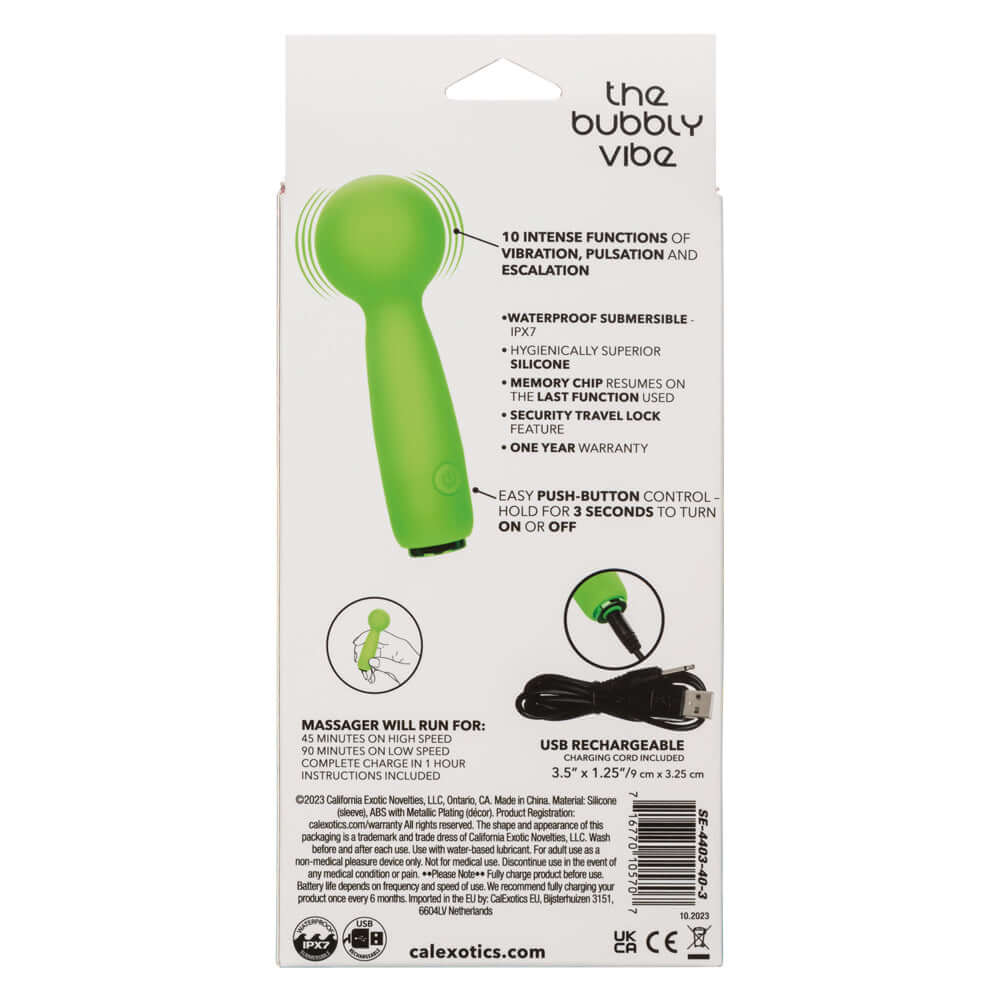 Packaging of Neon Vibes The Bubbly Vibe Green mini massager detailing features like 10 vibration functions, waterproof, rechargeable, and silicone material.
